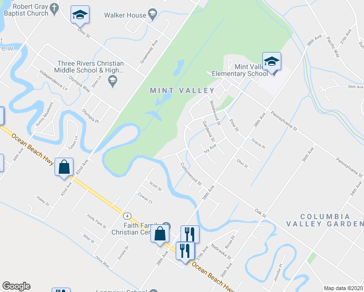 map of restaurants, bars, coffee shops, grocery stores, and more near 4003 Oak Street in Longview