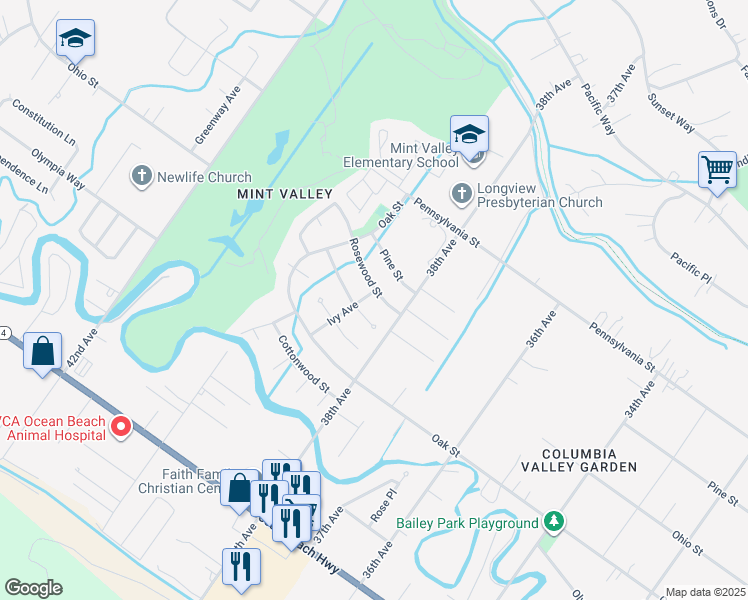 map of restaurants, bars, coffee shops, grocery stores, and more near 3911 Rosewood Street in Longview