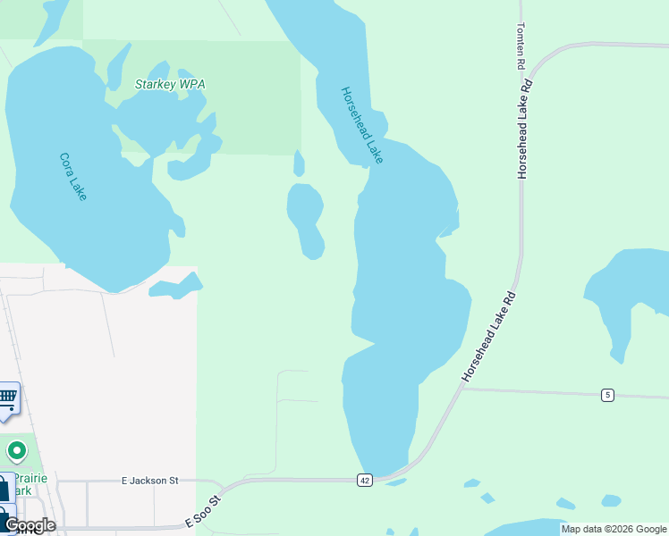 map of restaurants, bars, coffee shops, grocery stores, and more near 13277 County Highway 42 in Parkers Prairie