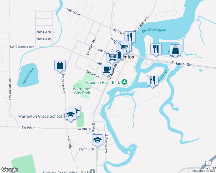 map of restaurants, bars, coffee shops, grocery stores, and more near 346 South Main Avenue in Warrenton