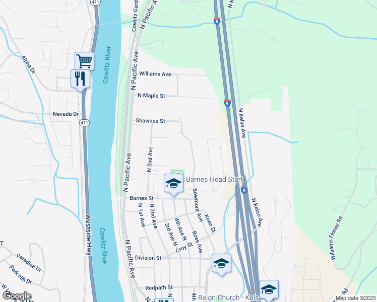 map of restaurants, bars, coffee shops, grocery stores, and more near 1643 Bowmont Avenue in Kelso