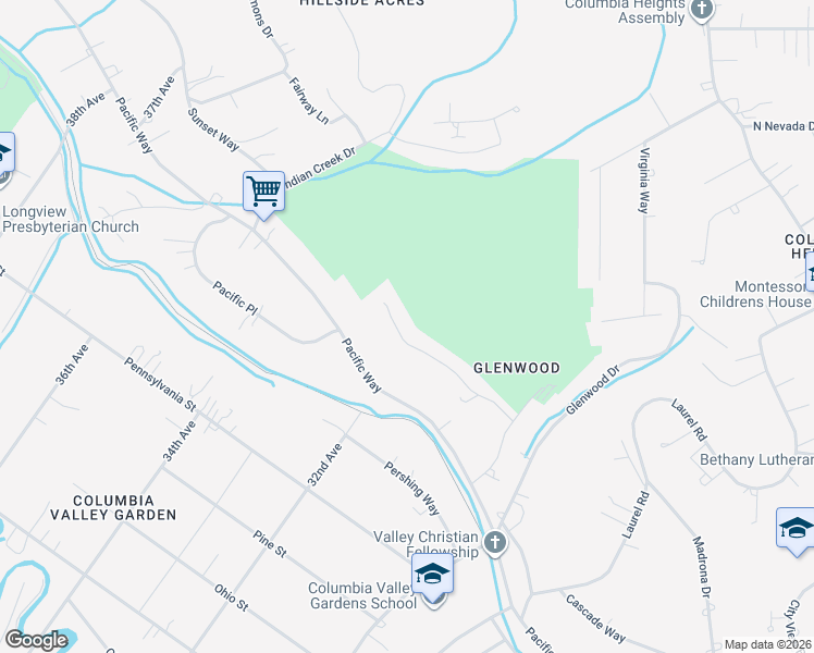map of restaurants, bars, coffee shops, grocery stores, and more near 3222 Wildwood Drive in Longview