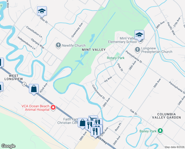 map of restaurants, bars, coffee shops, grocery stores, and more near 4018 Oak Street in Longview