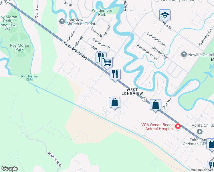 map of restaurants, bars, coffee shops, grocery stores, and more near 2120 46th Avenue in Longview