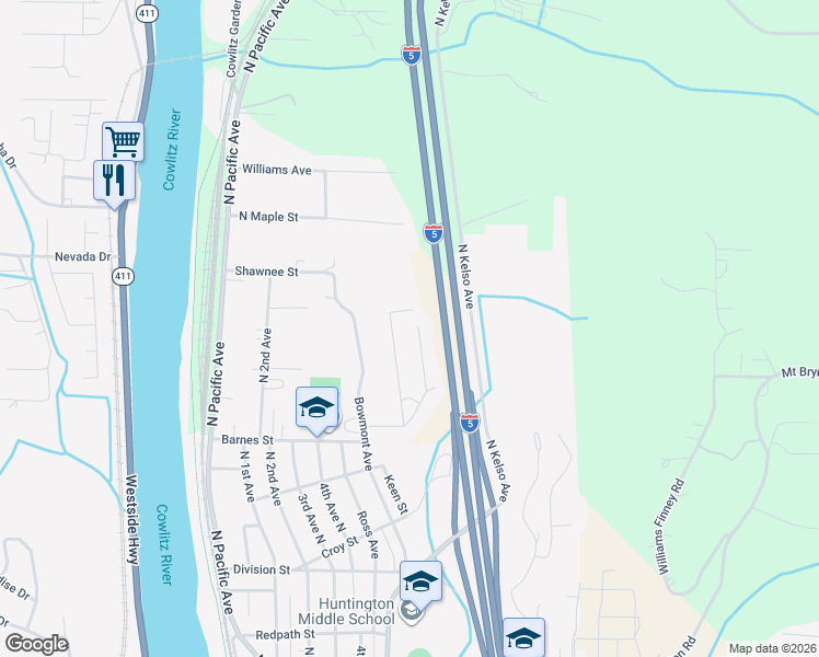 map of restaurants, bars, coffee shops, grocery stores, and more near 52 Veys Drive in Kelso