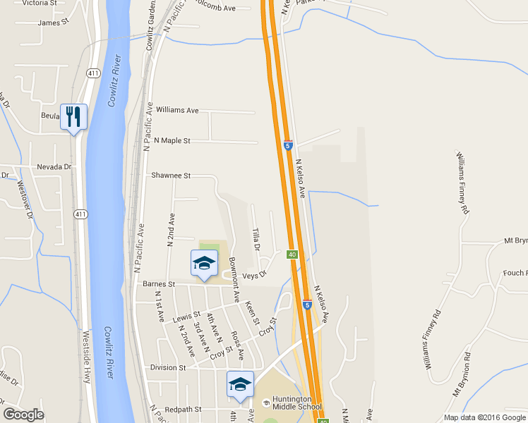 map of restaurants, bars, coffee shops, grocery stores, and more near 52 Veys Drive in Kelso