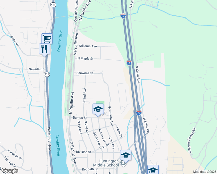 map of restaurants, bars, coffee shops, grocery stores, and more near 1646 Bowmont Avenue in Kelso
