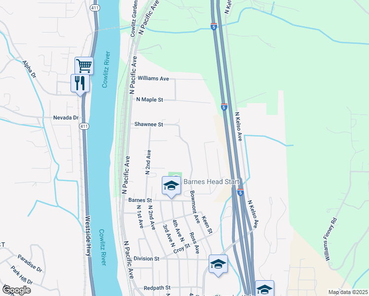 map of restaurants, bars, coffee shops, grocery stores, and more near 1643 Bowmont Avenue in Kelso
