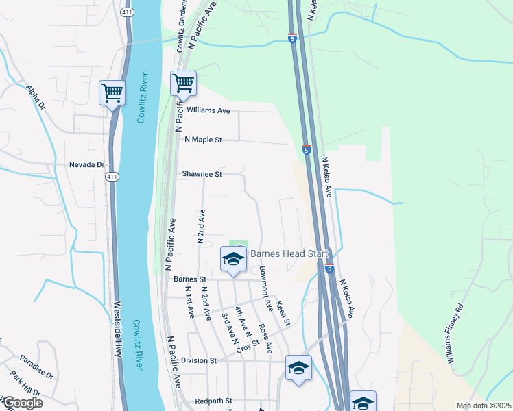map of restaurants, bars, coffee shops, grocery stores, and more near 1643 Bowmont Avenue in Kelso