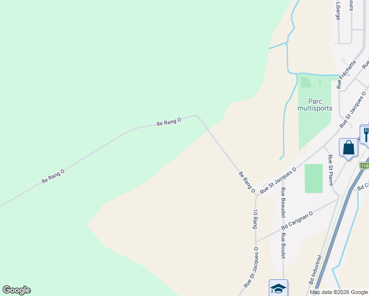 map of restaurants, bars, coffee shops, grocery stores, and more near 110 8e Rang Ouest in Princeville