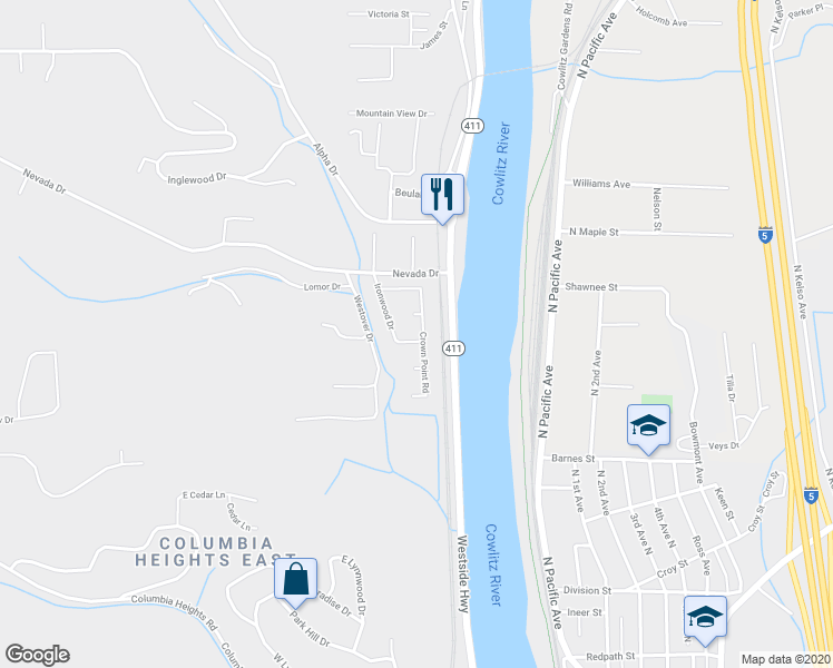 map of restaurants, bars, coffee shops, grocery stores, and more near 93 Ironwood Drive in Longview