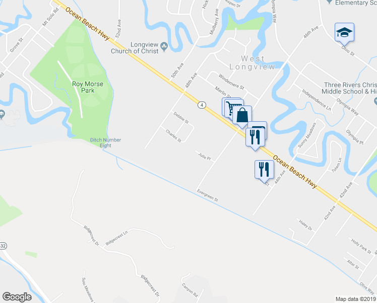 map of restaurants, bars, coffee shops, grocery stores, and more near 127 Julie Place in Longview