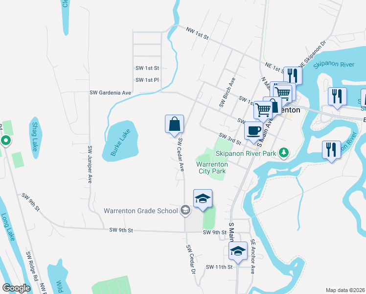 map of restaurants, bars, coffee shops, grocery stores, and more near 430 Southwest Cedar Avenue in Warrenton