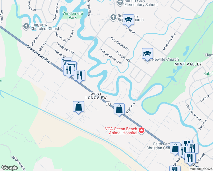map of restaurants, bars, coffee shops, grocery stores, and more near 4400 Ocean Beach Highway in Longview