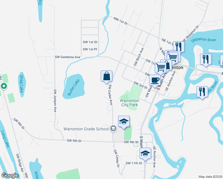 map of restaurants, bars, coffee shops, grocery stores, and more near 378 Southwest 5th Street in Warrenton