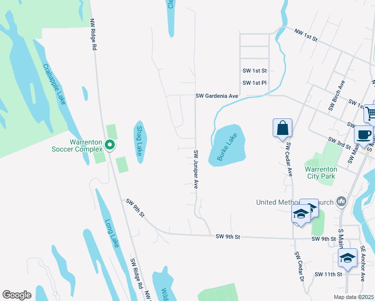 map of restaurants, bars, coffee shops, grocery stores, and more near 685 Southwest Juniper Avenue in Warrenton