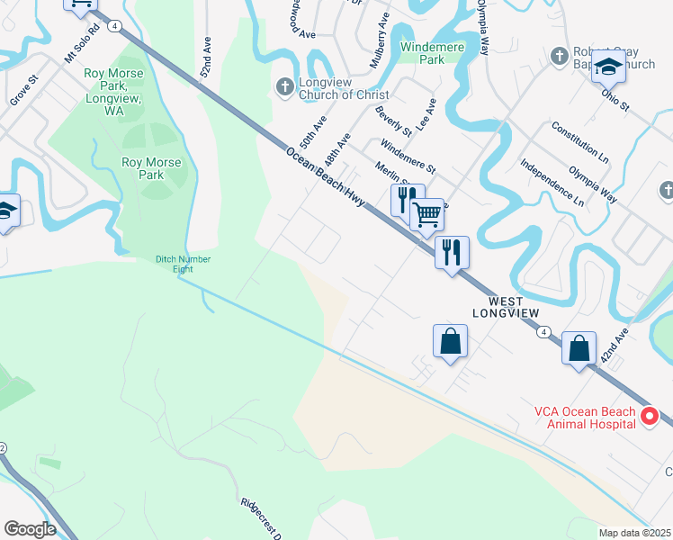 map of restaurants, bars, coffee shops, grocery stores, and more near 127 Julie Place in Longview