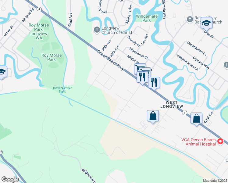 map of restaurants, bars, coffee shops, grocery stores, and more near 127 Julie Place in Longview