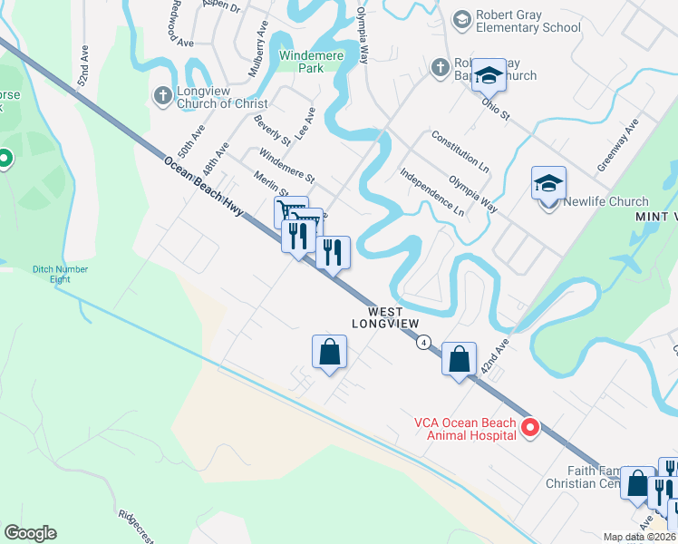 map of restaurants, bars, coffee shops, grocery stores, and more near 4504 Ocean Beach Highway in Longview