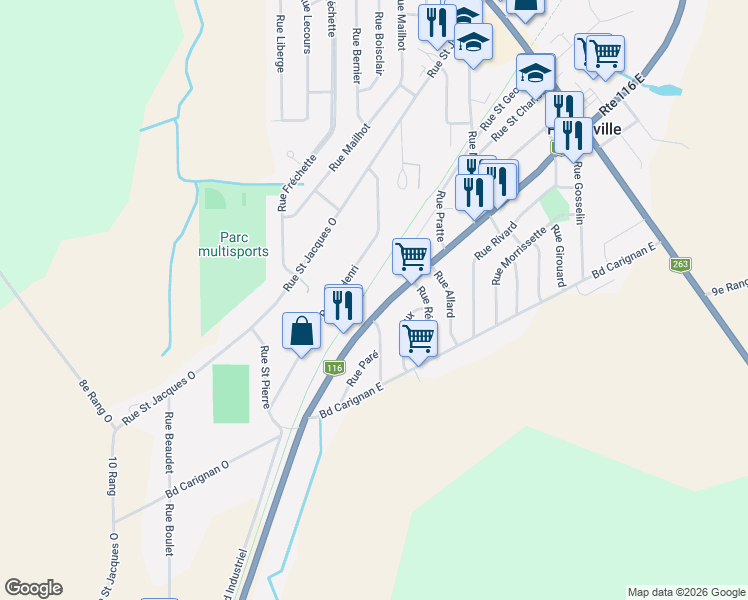 map of restaurants, bars, coffee shops, grocery stores, and more near 297-C Boulevard Baril Ouest in Princeville