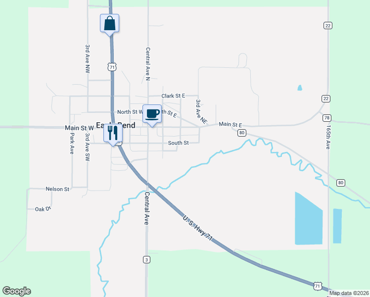 map of restaurants, bars, coffee shops, grocery stores, and more near 317 South Saint West in Eagle Bend
