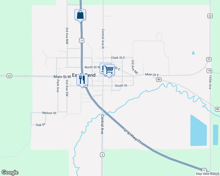 map of restaurants, bars, coffee shops, grocery stores, and more near 117 South Street in Eagle Bend