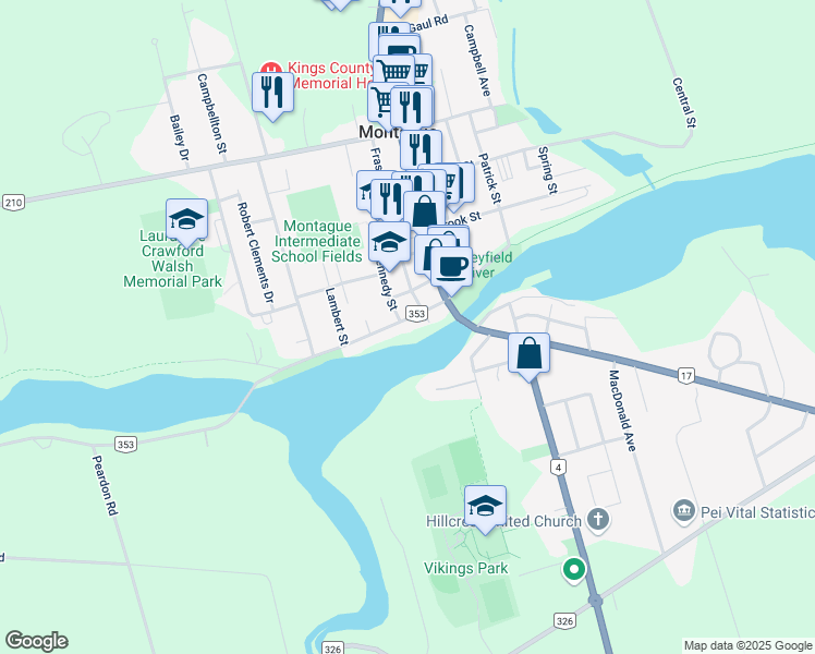 map of restaurants, bars, coffee shops, grocery stores, and more near 14 Riverside Drive in Montague