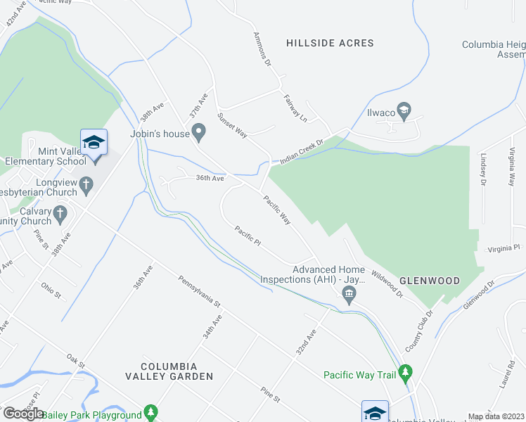 map of restaurants, bars, coffee shops, grocery stores, and more near 3431 Pacific Way in Longview