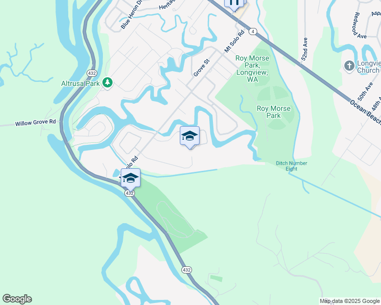 map of restaurants, bars, coffee shops, grocery stores, and more near 5300 Mount Solo Road in Longview