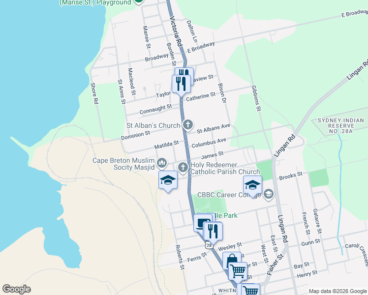 map of restaurants, bars, coffee shops, grocery stores, and more near 1223 Nova Scotia 28 in Sydney