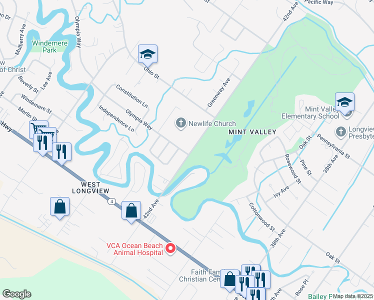 map of restaurants, bars, coffee shops, grocery stores, and more near 2401 42nd Avenue in Longview