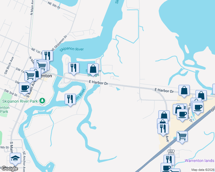 map of restaurants, bars, coffee shops, grocery stores, and more near 858 Warrenton-Astoria Highway in Warrenton