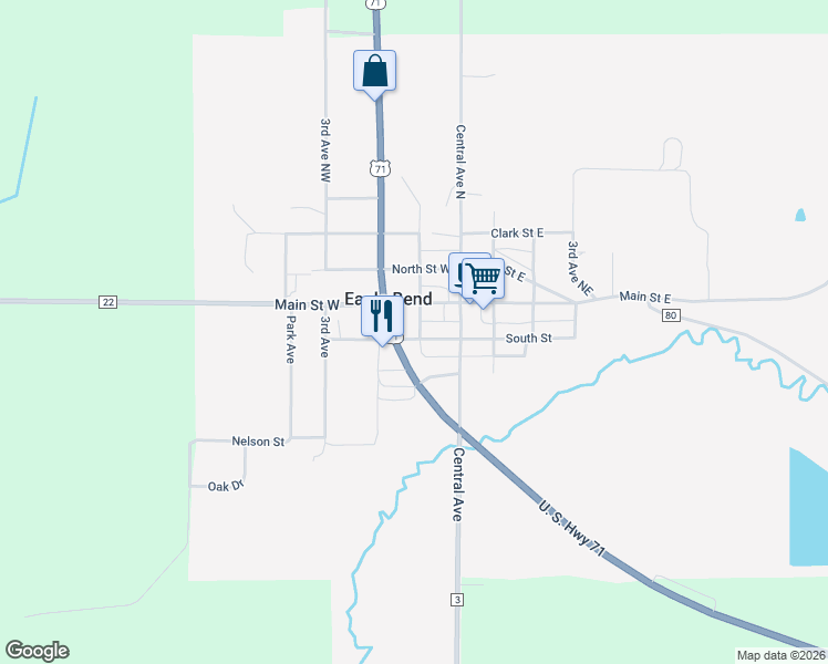 map of restaurants, bars, coffee shops, grocery stores, and more near 106 1st Avenue Northeast in Eagle Bend