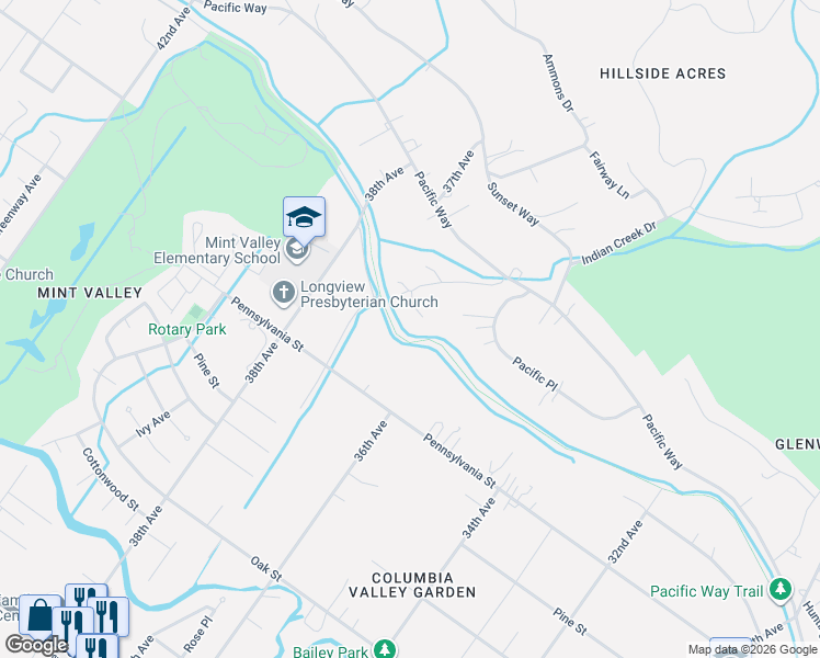 map of restaurants, bars, coffee shops, grocery stores, and more near 2739 36th Avenue in Longview
