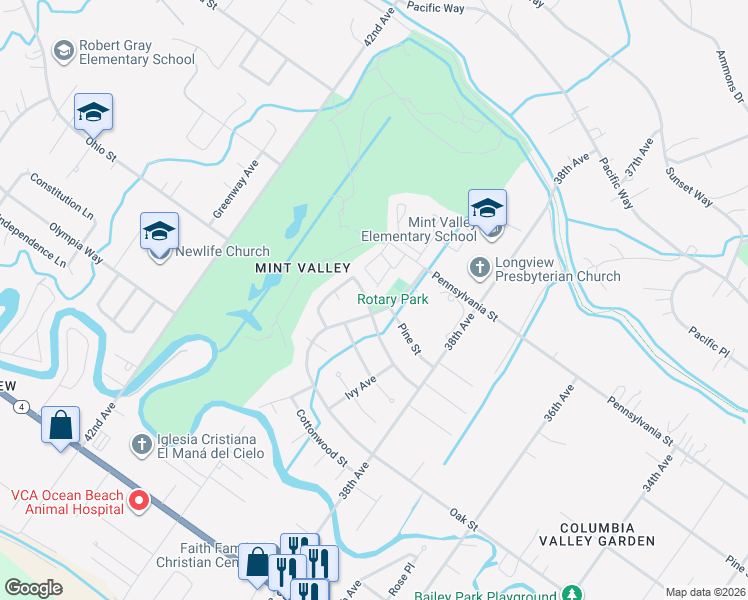 map of restaurants, bars, coffee shops, grocery stores, and more near 4110 Rosewood Street in Longview