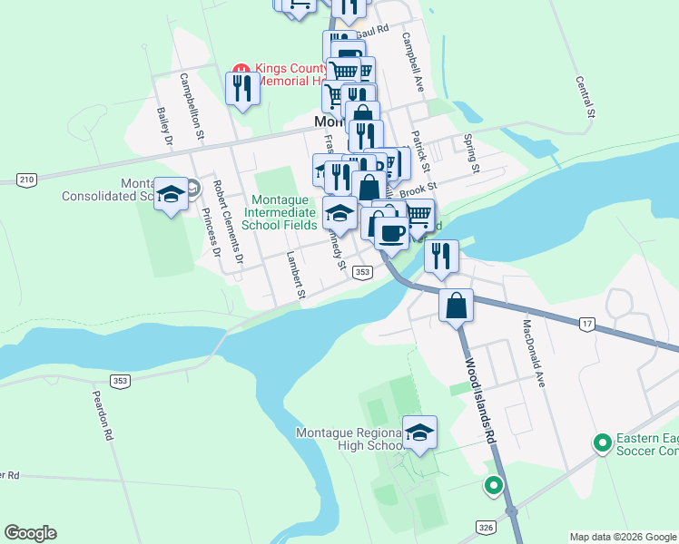 map of restaurants, bars, coffee shops, grocery stores, and more near 208 Kennedy Street in Montague