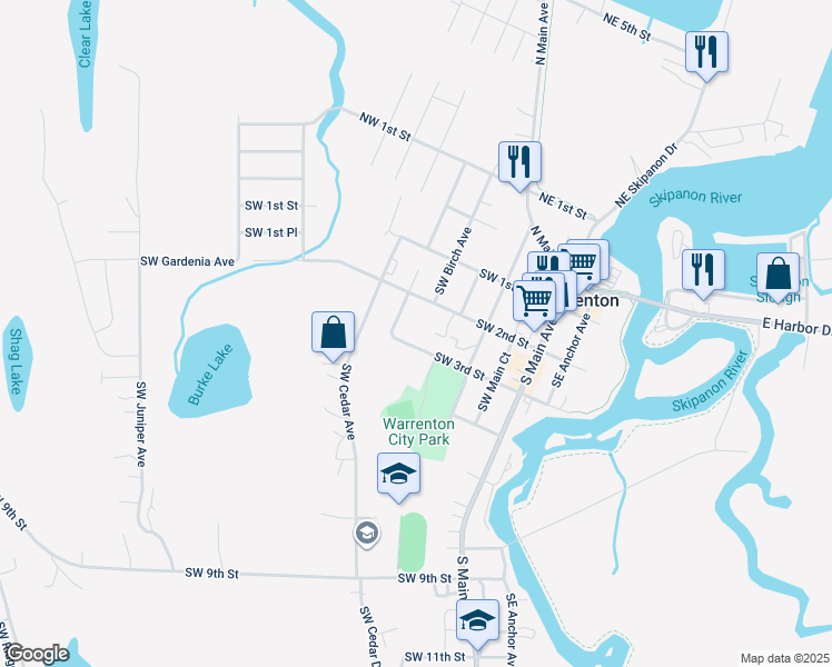 map of restaurants, bars, coffee shops, grocery stores, and more near 216 Southwest 2nd Street in Warrenton