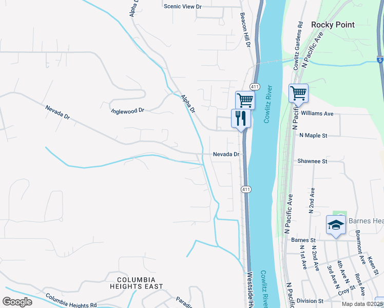 map of restaurants, bars, coffee shops, grocery stores, and more near 102 Lomor Drive in Longview