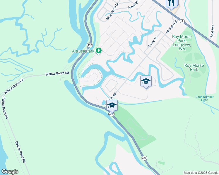 map of restaurants, bars, coffee shops, grocery stores, and more near 128 Willow Pointe Loop in Longview