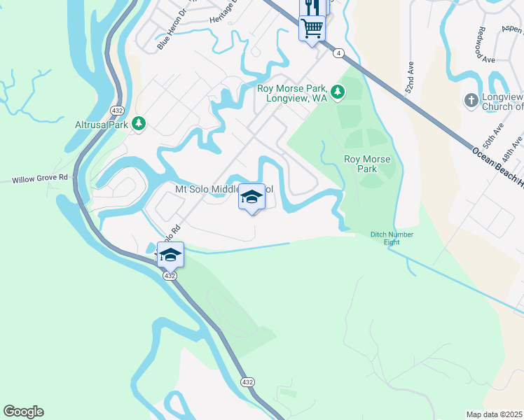 map of restaurants, bars, coffee shops, grocery stores, and more near 5300 Mount Solo Road in Longview