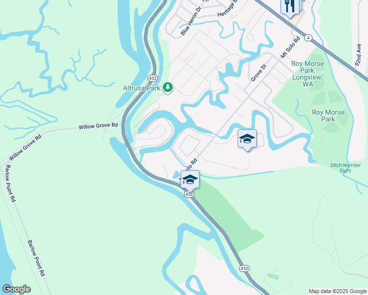map of restaurants, bars, coffee shops, grocery stores, and more near 104 Willow Pointe Loop in Longview