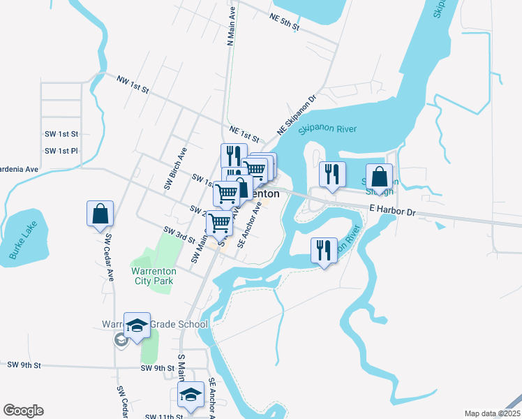 map of restaurants, bars, coffee shops, grocery stores, and more near 159 Southeast Anchor Avenue in Warrenton