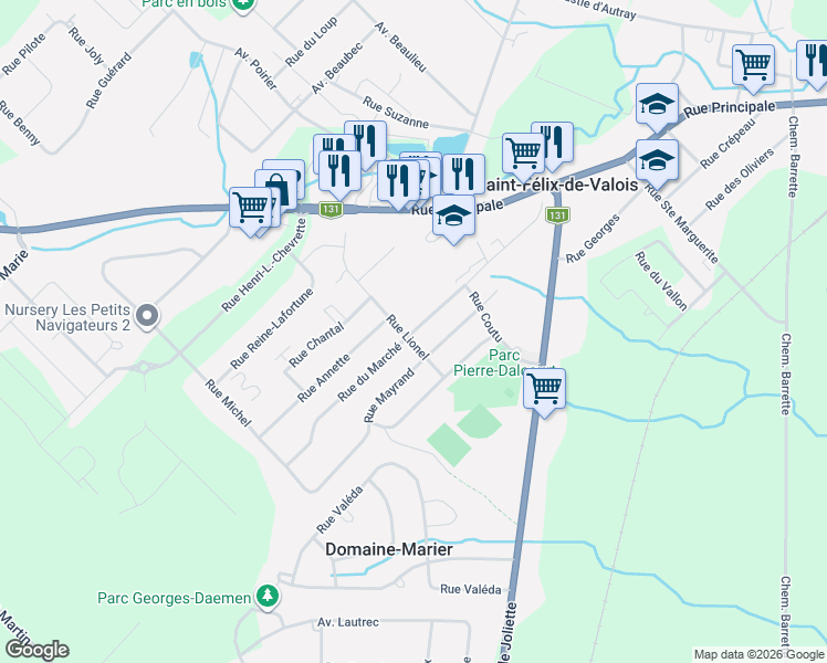 map of restaurants, bars, coffee shops, grocery stores, and more near Rue du Marché in Lanaudière