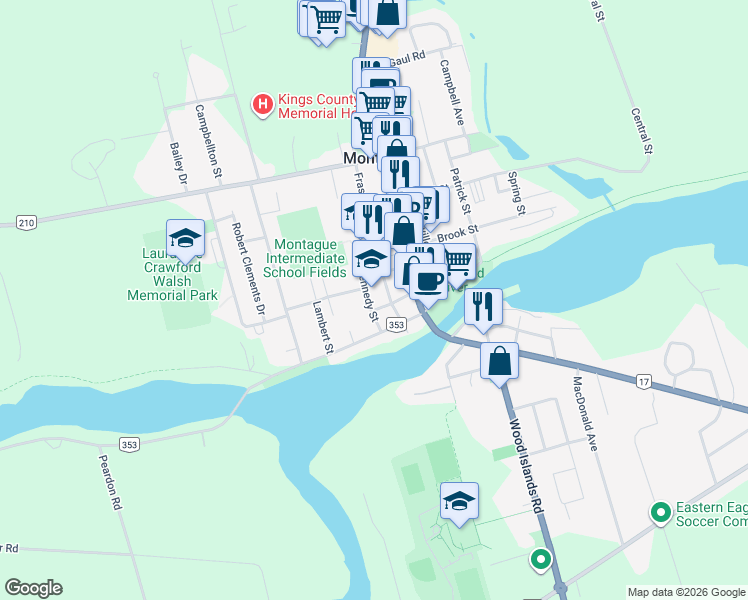 map of restaurants, bars, coffee shops, grocery stores, and more near 219 Kennedy Street in Montague