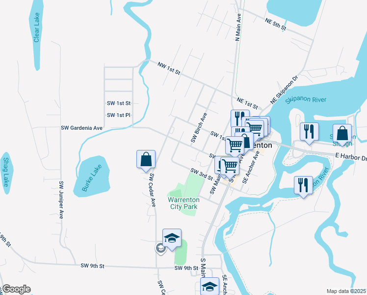 map of restaurants, bars, coffee shops, grocery stores, and more near 216 Southwest 2nd Street in Warrenton