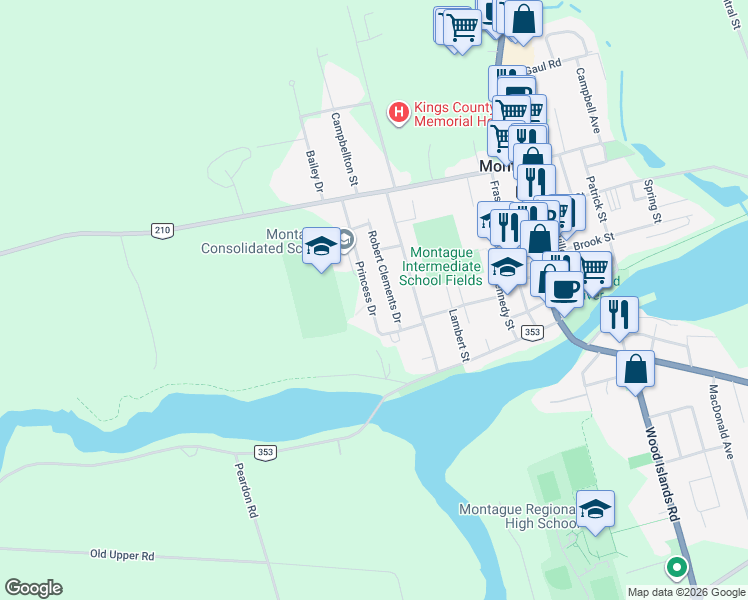 map of restaurants, bars, coffee shops, grocery stores, and more near 625 Princess Drive in Montague