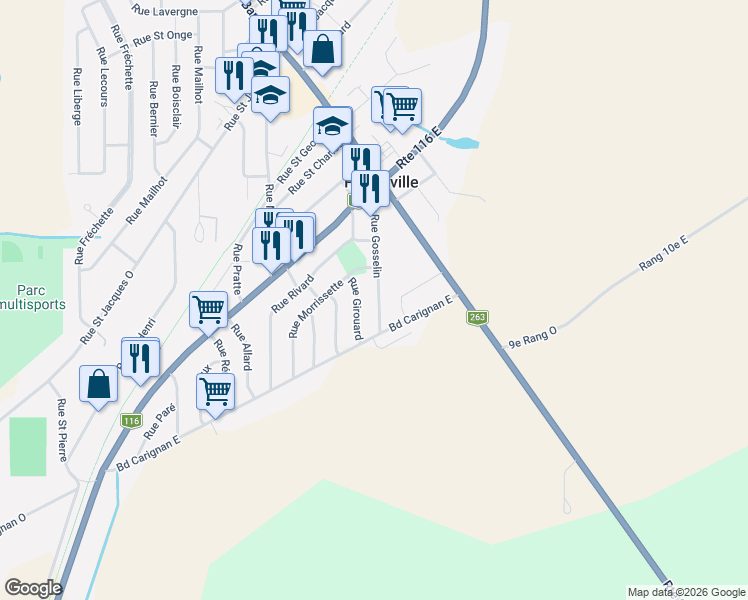 map of restaurants, bars, coffee shops, grocery stores, and more near 150 Rue Gosselin in Princeville