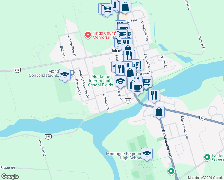 map of restaurants, bars, coffee shops, grocery stores, and more near 23 Maclaren Avenue in Montague