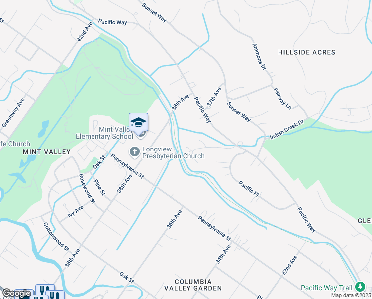 map of restaurants, bars, coffee shops, grocery stores, and more near 2755 36th Avenue in Longview