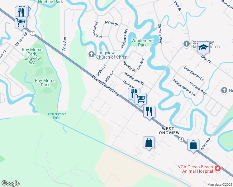 map of restaurants, bars, coffee shops, grocery stores, and more near 4718 Ocean Beach Highway in Longview